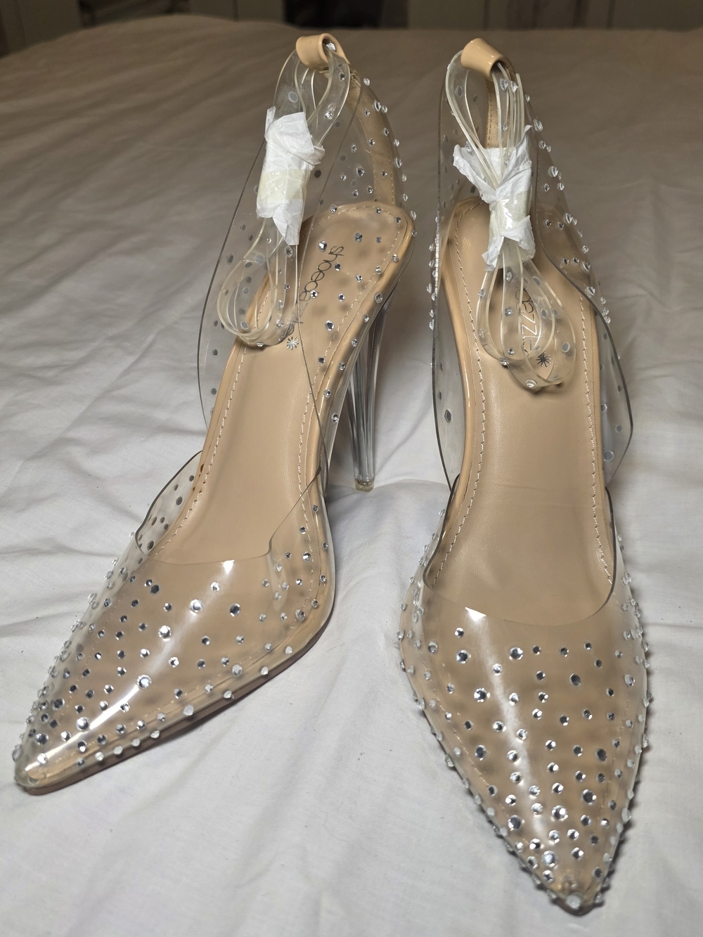 Shoe Dazzle Clear PVC Pointed Heels with Nude Insole and Rhinestones
